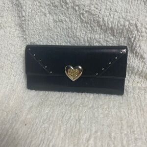 Love cat Paris leather black wallet with Gold Heart studs accents